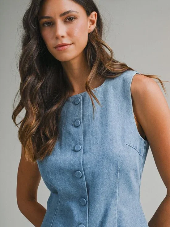 NWT Mable Button Down Sleeveless Mini Light Blue Denim Dress - Picture 2 of 5